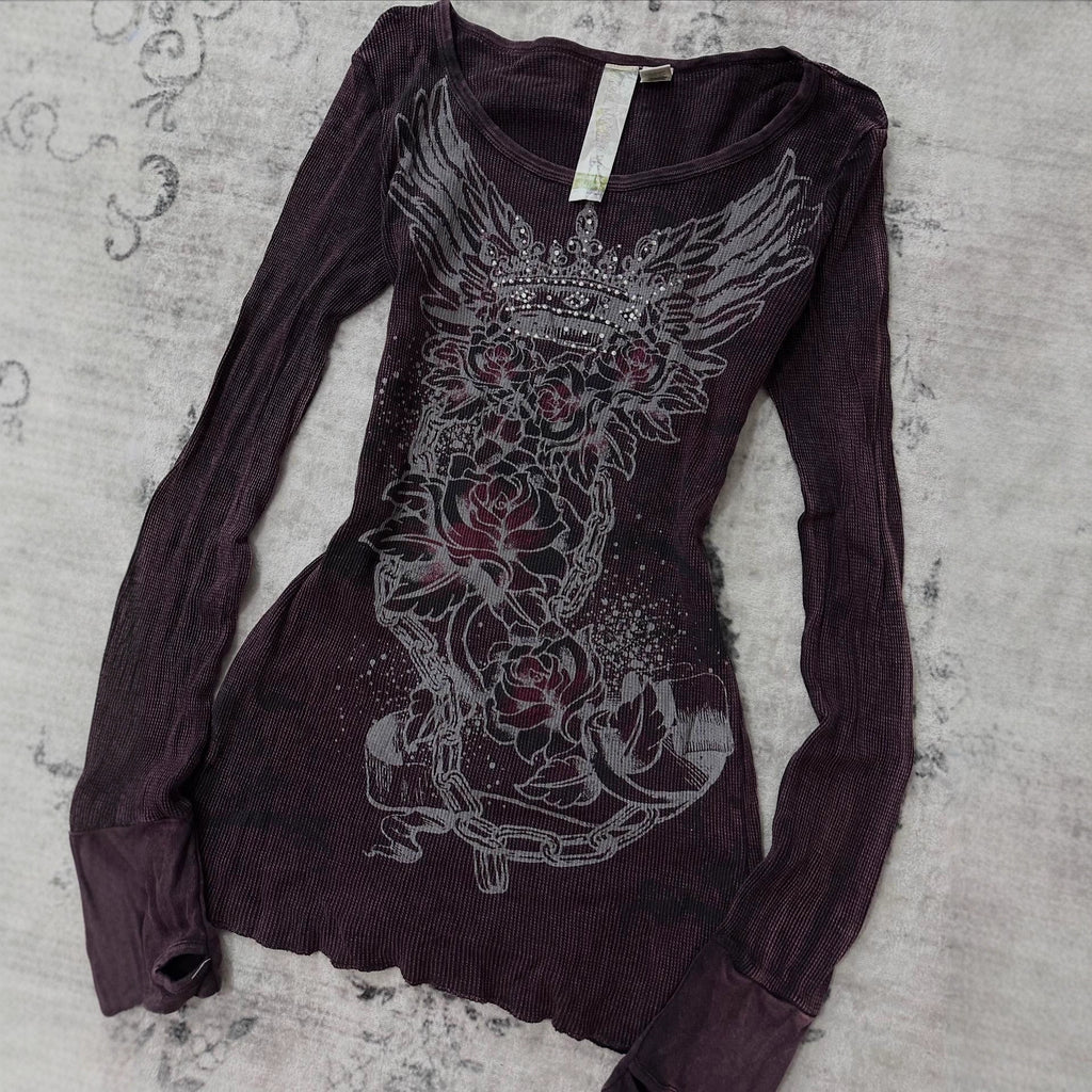 Gothic Print Rhinestone T-Shirt