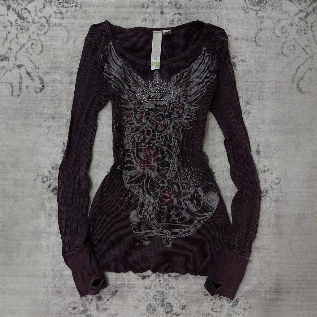Gothic Print Rhinestone T-Shirt